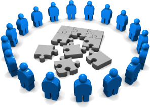Graphic of figures standing around puzzle pieces